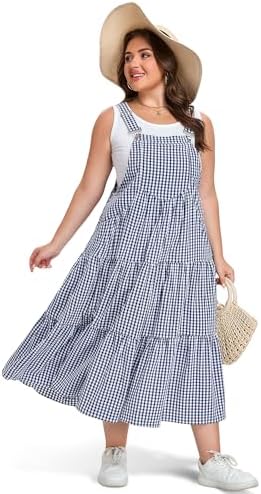 Plaid overall dress in denim