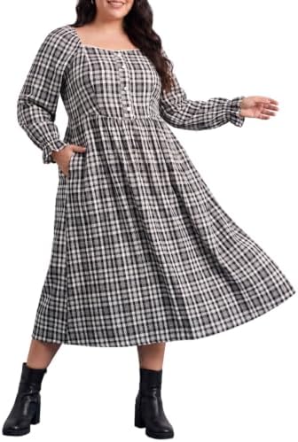 Plus size long sleeve plaid dress