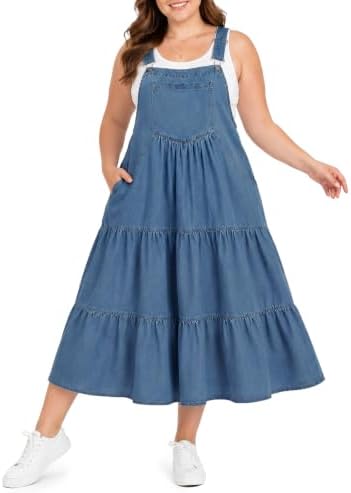 Plus size tiered denim overall dress