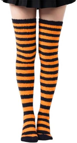 Striped coral fleece thigh highs